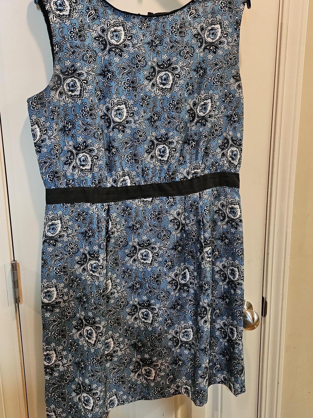 LOFT Blue Paisley Midi Dress with Black Waistband